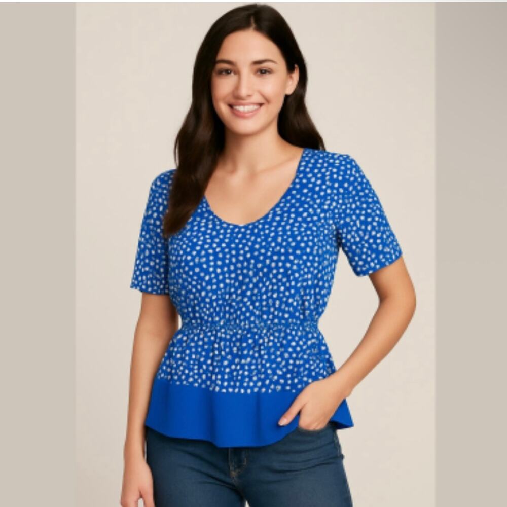 BCBG Blue Pleated Peasant Dot Top Blouse with Pockets size Small